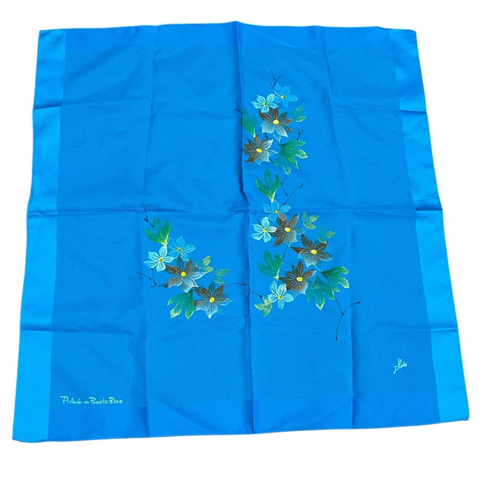 Vintage Blue Floral Polyester Scarf Hand-Painted Made in Italy